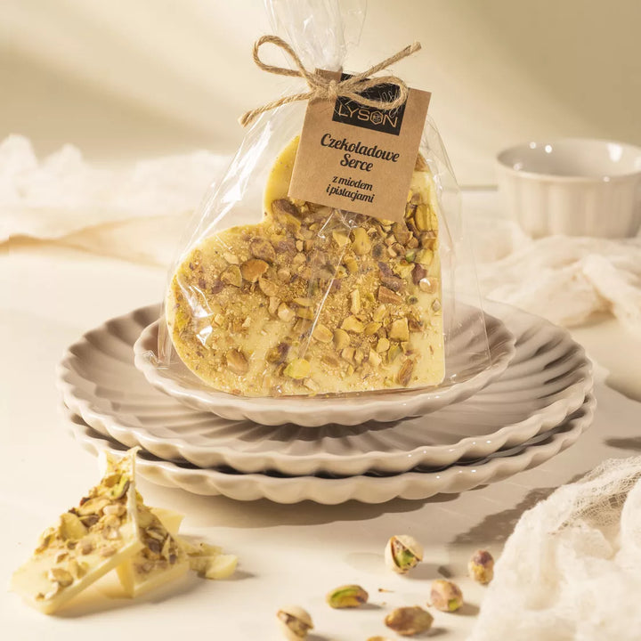 Czekolada biała serce z miodem i pistacjami 85g